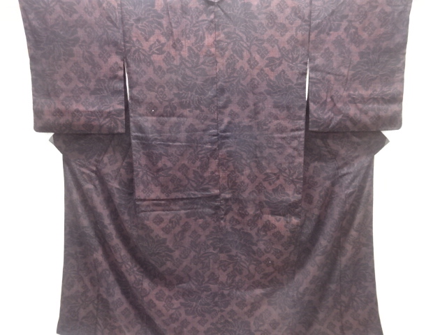 アンティーク　牡丹模様織出し手織り真綿小千谷紬着物